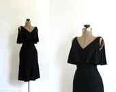 black 1960s cocktail dress vintage 60s black crepe ruffle open back party dress