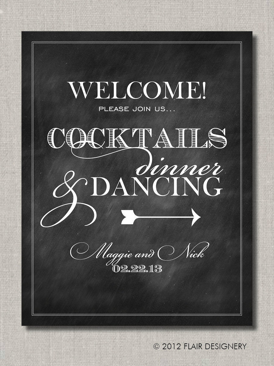 Cocktails Dinner and Dancing Welcome Chalkboard Style Wedding Poster, Table Sign or Guest Book Sign by Flair Designery - FlairDesigneryLLC