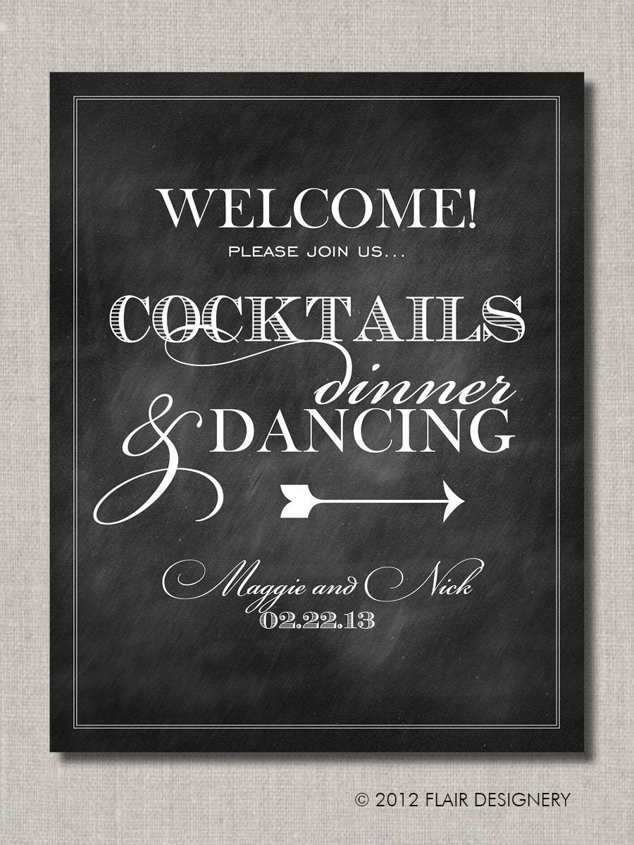 Cocktails Dinner and Dancing Welcome Chalkboard Style Wedding Poster, Table Sign or Guest Book Sign by Flair Designery Il_570xn