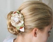 Fabric Flower Hair Barrette, Beige Ivory Red Hair Flower, Floral Hair Accessory