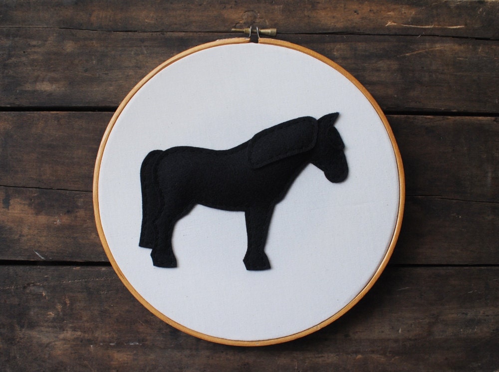 Draft Horse Cameo - Large Embroidery Hoop Art - Equestrian Silhouette - Black Merino Wool Felt