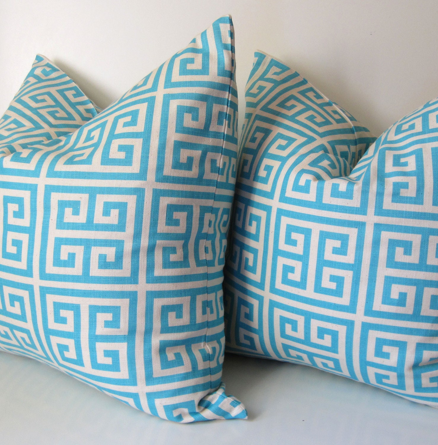 Set of Two - Greek Key Pillows - 20 inch  - Turquoise and Ivory - Ultramarine - Cotton - decorative pillow  - ready to ship