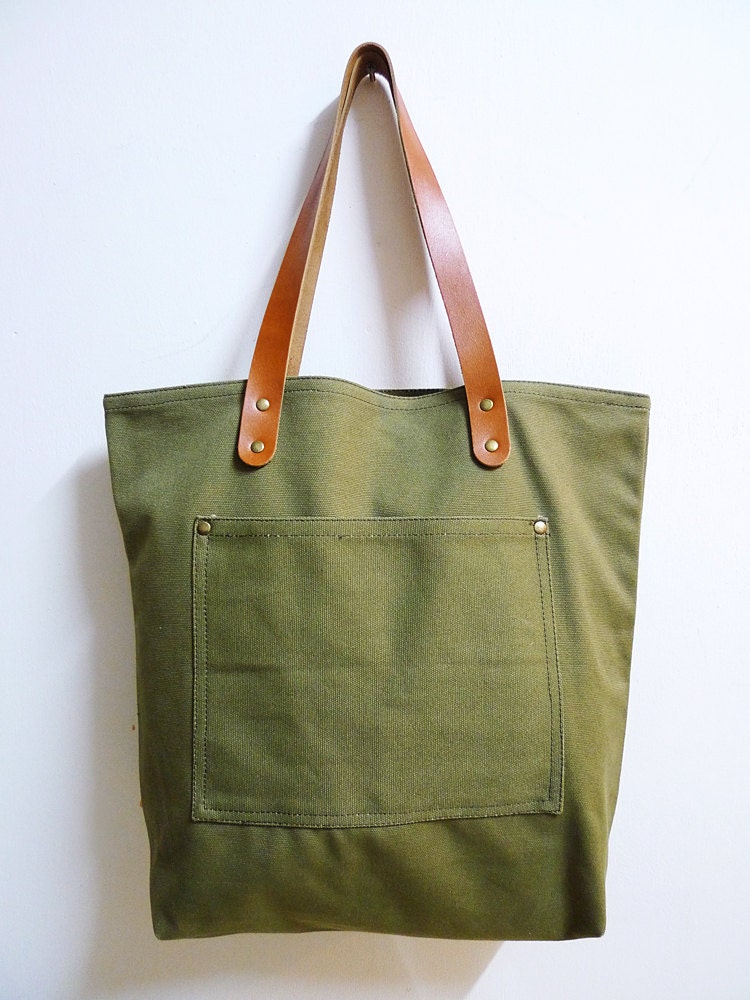 Leathinity - Military Green Canvas Tote Bag w/ Genuine Leather Handles - Eco Friendly