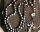 Purple Crystal and Silver and Metal Cross Rosary Necklace with Dove Pearls