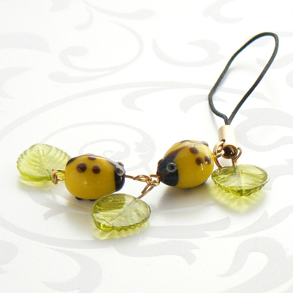 Bead Lanyard - Yellow Ladybugs, Phone Charm / Purse Charm
