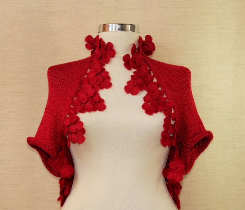 Summer Flame / Red Crochet Shrug  Wedding Cardigan Knit Cape Shrug Bolero Jacket Bridal Bolero Shrug Bridesmaid Red Wedding Wrap