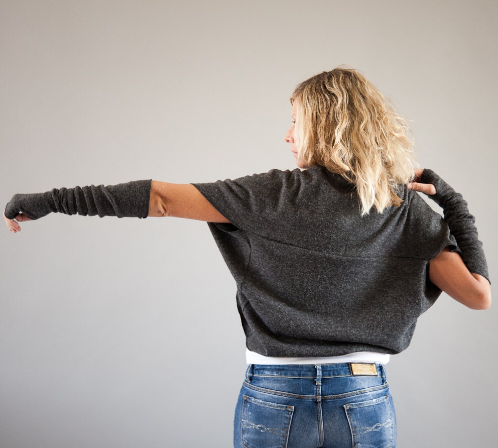 ON SALE-Cropped Shrug Cardigan in Charcoal Grey, Short Sleeved Bolero Shrug, Winter Bolero in Dark Gray Angora Jersey by MoonHalo