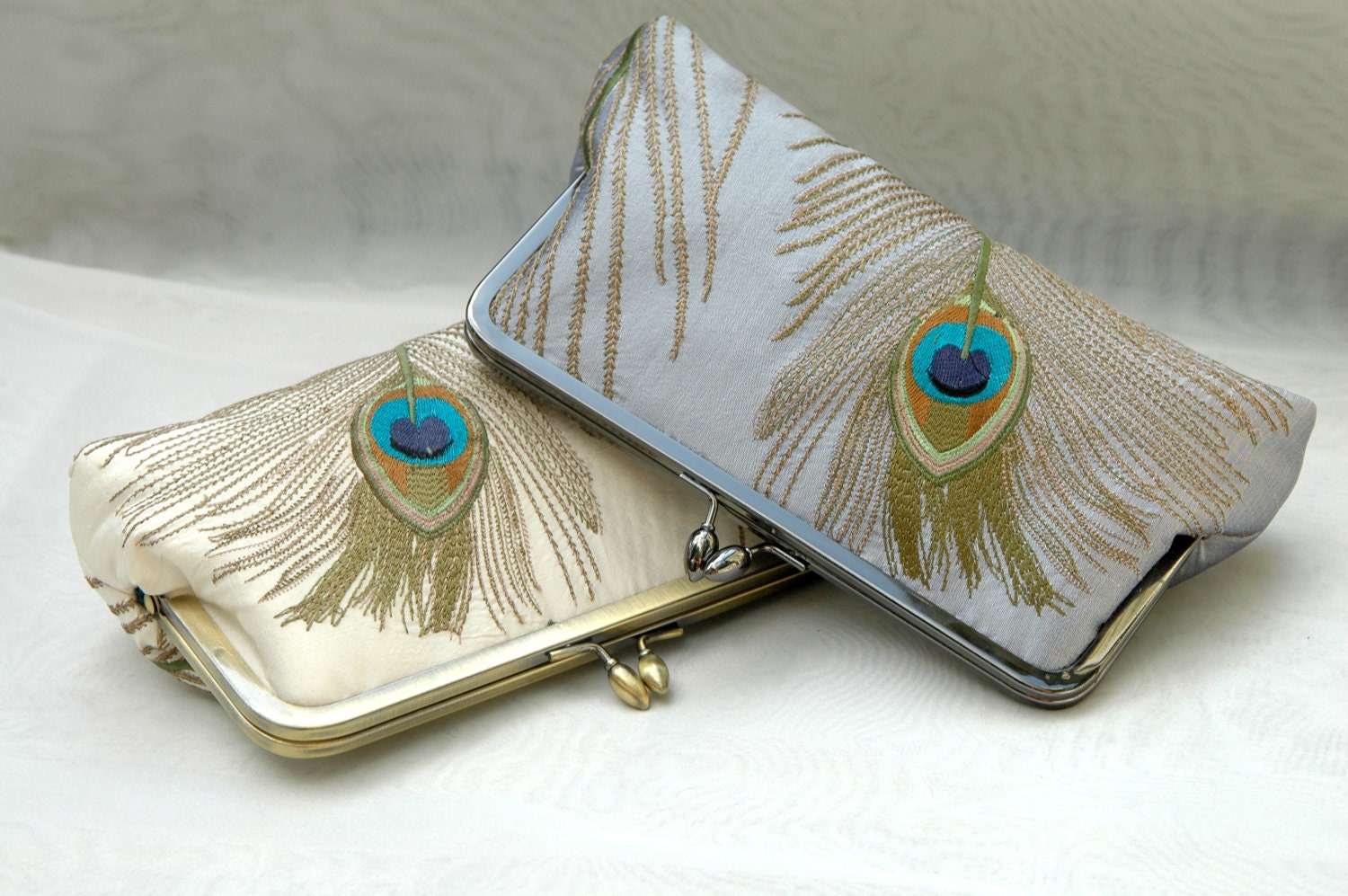 Embroidered Peacock Clutch- Ivory, Gold or Silver Wedding Clutch