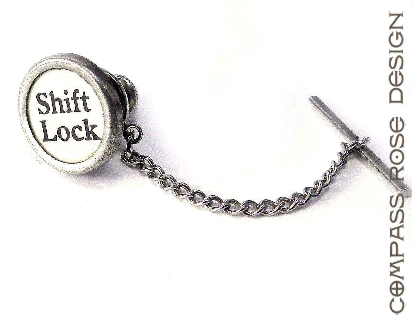 Steampunk Tie Tack Vintage Typewriter Key Shift Lock Black and White Mens Accessory Pin by Compass Rose Design