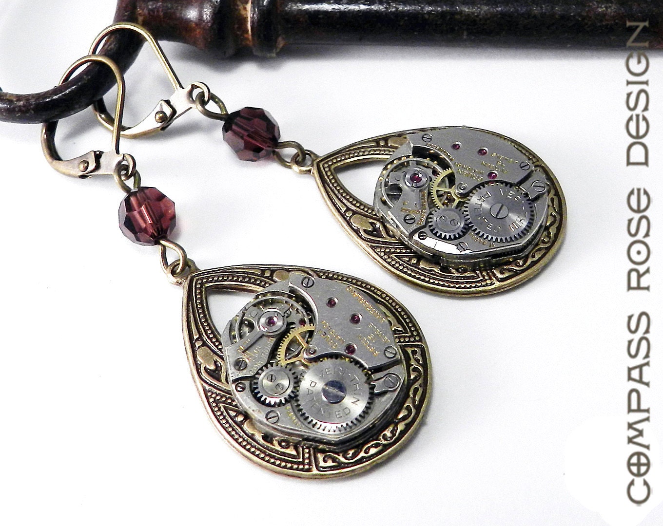 Steampunk Earrings Vintage Mechanical Watch Movement Victorian Larger Teadrop Earring with Burgundy Swarovski Crystal by Compass Rose Design