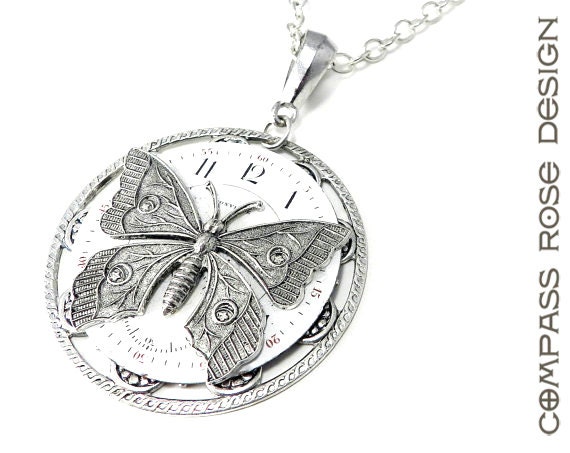 Steampunk Jewelry Silver Time Flies Antique Pocket Watch Face Pendant with Silver Victorian Butterfly