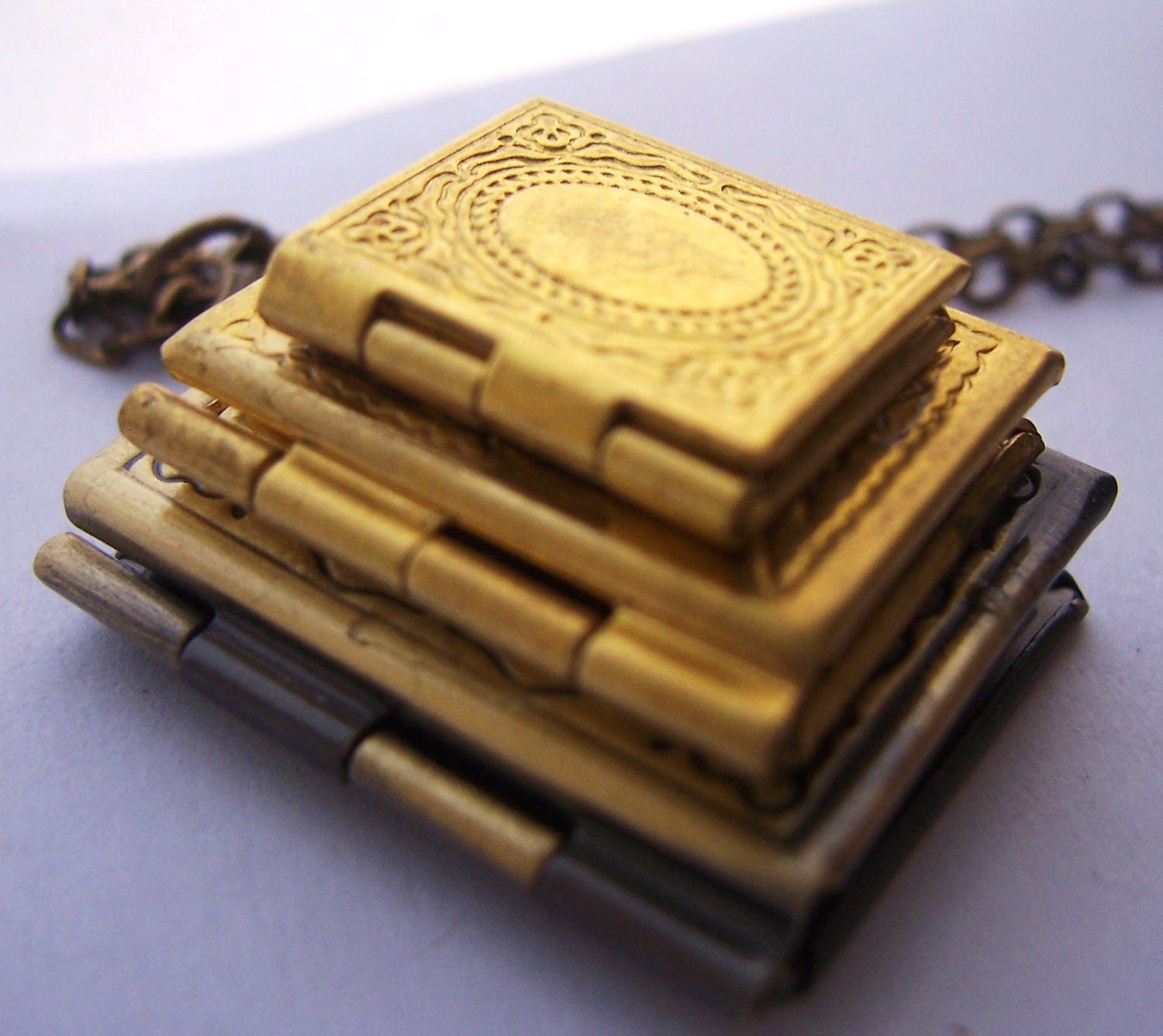 Stack of Books - book locket - the book lovers locket necklace - 3 vintage brass lockets -
