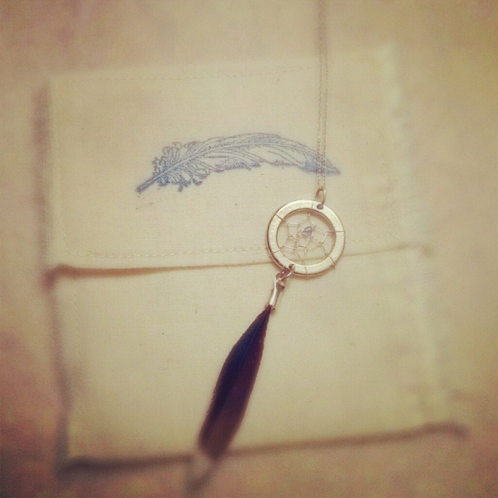 Silver Dreamcatcher Pendant. With Miniature Feather. and Handmade Glass Bead. Native Inspired
