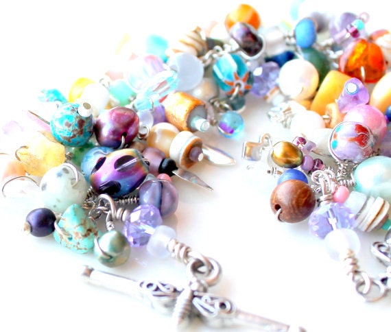 whimsical bracelet. soft colors. handmade beaded wire wrapped gemstone bracelet stacking jewelry