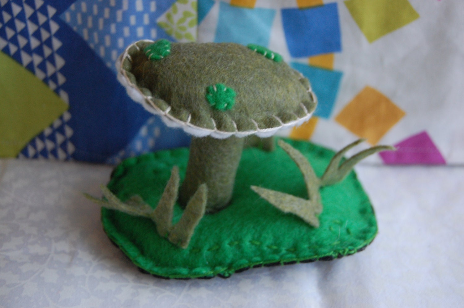 Olive Green Felt Mushroom Landscape Scene in Wood Box