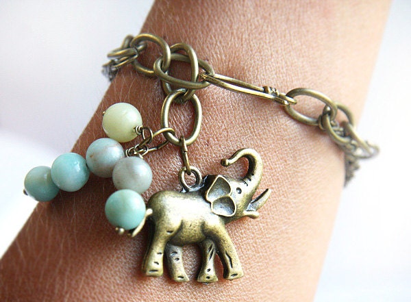on Vacation / Antique Bronze Chain Bracelet -  Lucky Elephant Charm - Natural Amazonite Stone Beads - Unisex Boho Bracelet - TAGT