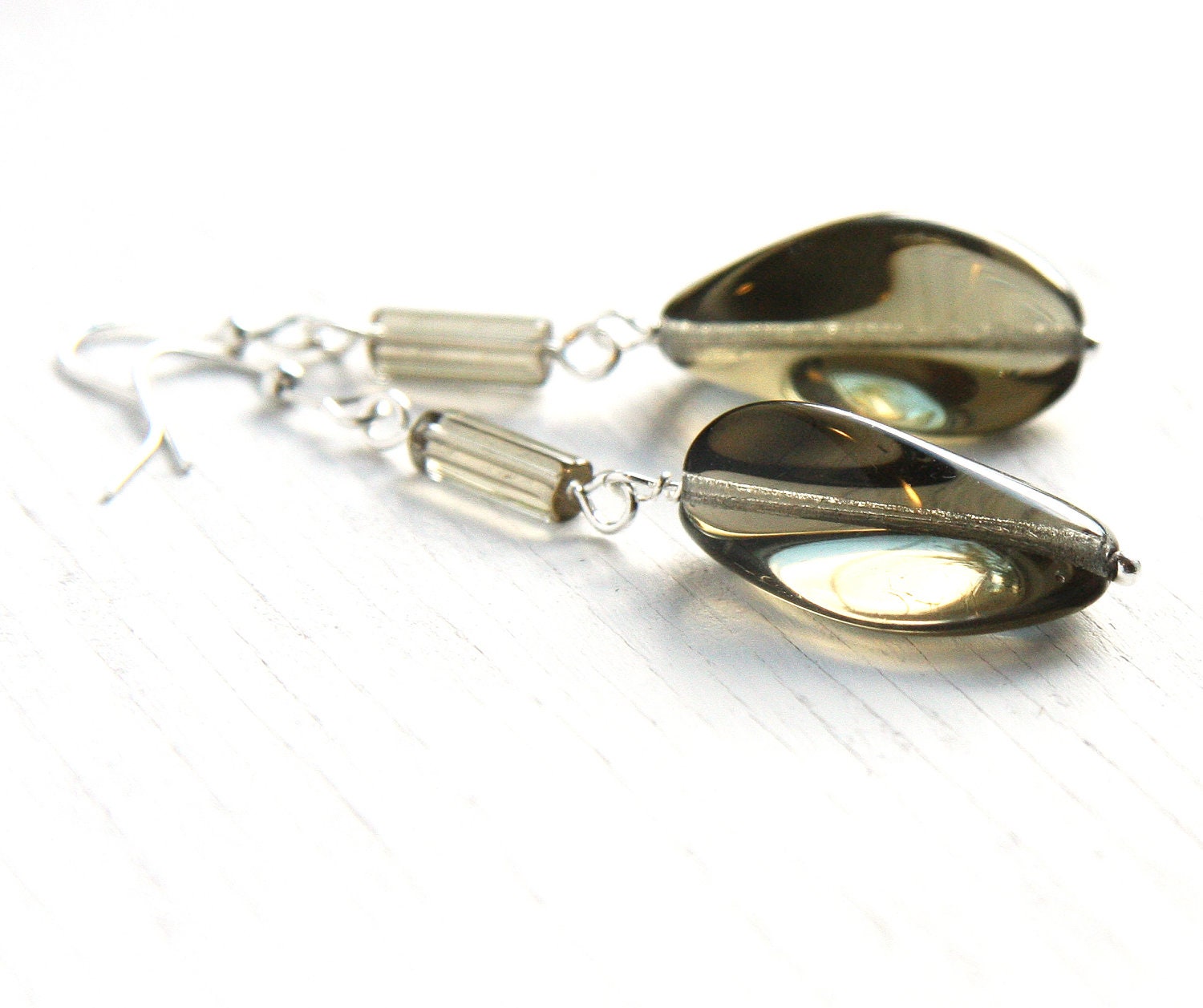 Dream Smoky Gray Earrings with Czech Glass Nuggets in Sterling Silver - Modern Simple Earrings - Neutral Charcoal Gray Beige - TAGT