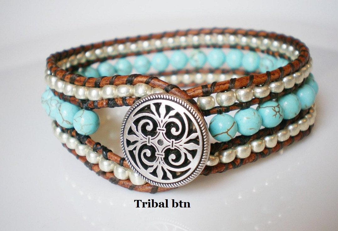 CUSTOM: Single Leather Wrap Cuff Turquoise Magnesite Silver Silver Plate