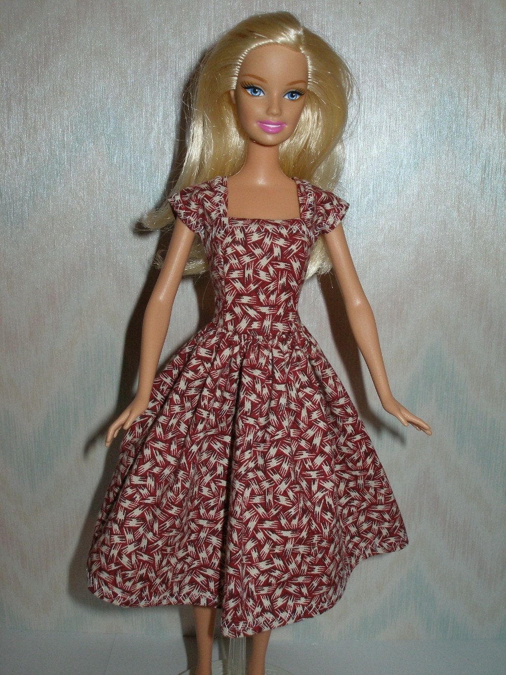 Handmade barbie doll clothes - Beige and maroon cotton print dress