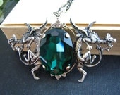 Fiery Emerald Dragons--Swarovski oval X-large emerald crystal antique silver brass gothic necklace