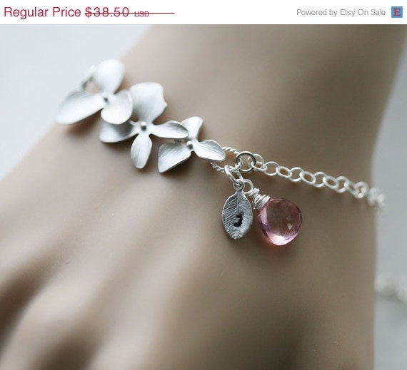 On Sale 10% OFF Personalized Birthstone initial Bracelet,Orchid flower,leaf initial Charm Bracelet, sterling silver, Flower girl, wedding J