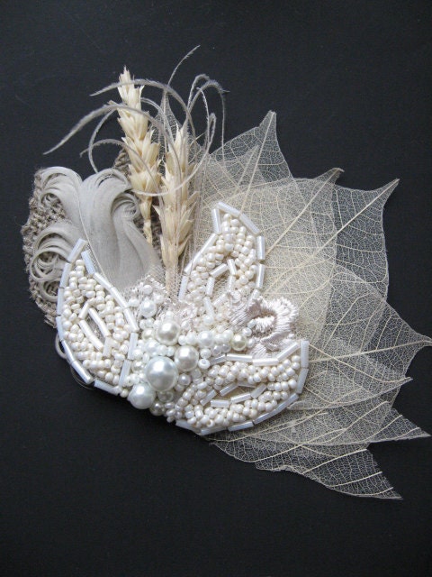 Natural burlap Wedding vintage inspired fascinator bridal hair accessory headpiece champagne nude latte wheat leaves lace feather lot pearls