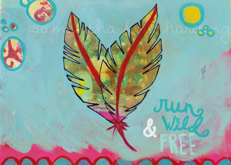 Run Wild & Free blue feathers mixed media art print