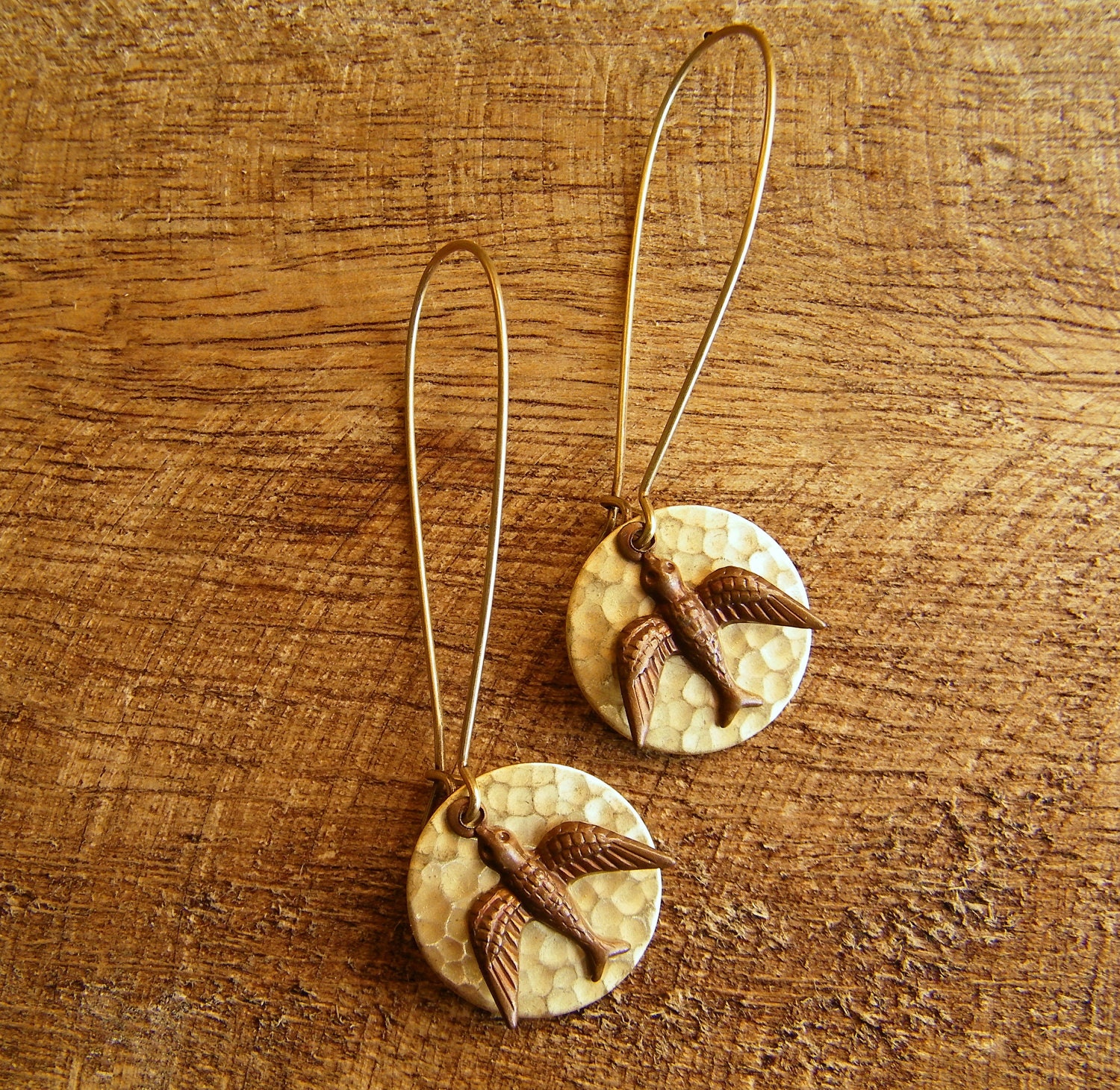 Sparrow Bird Dangle Earrings. Golden Brass Earrings.