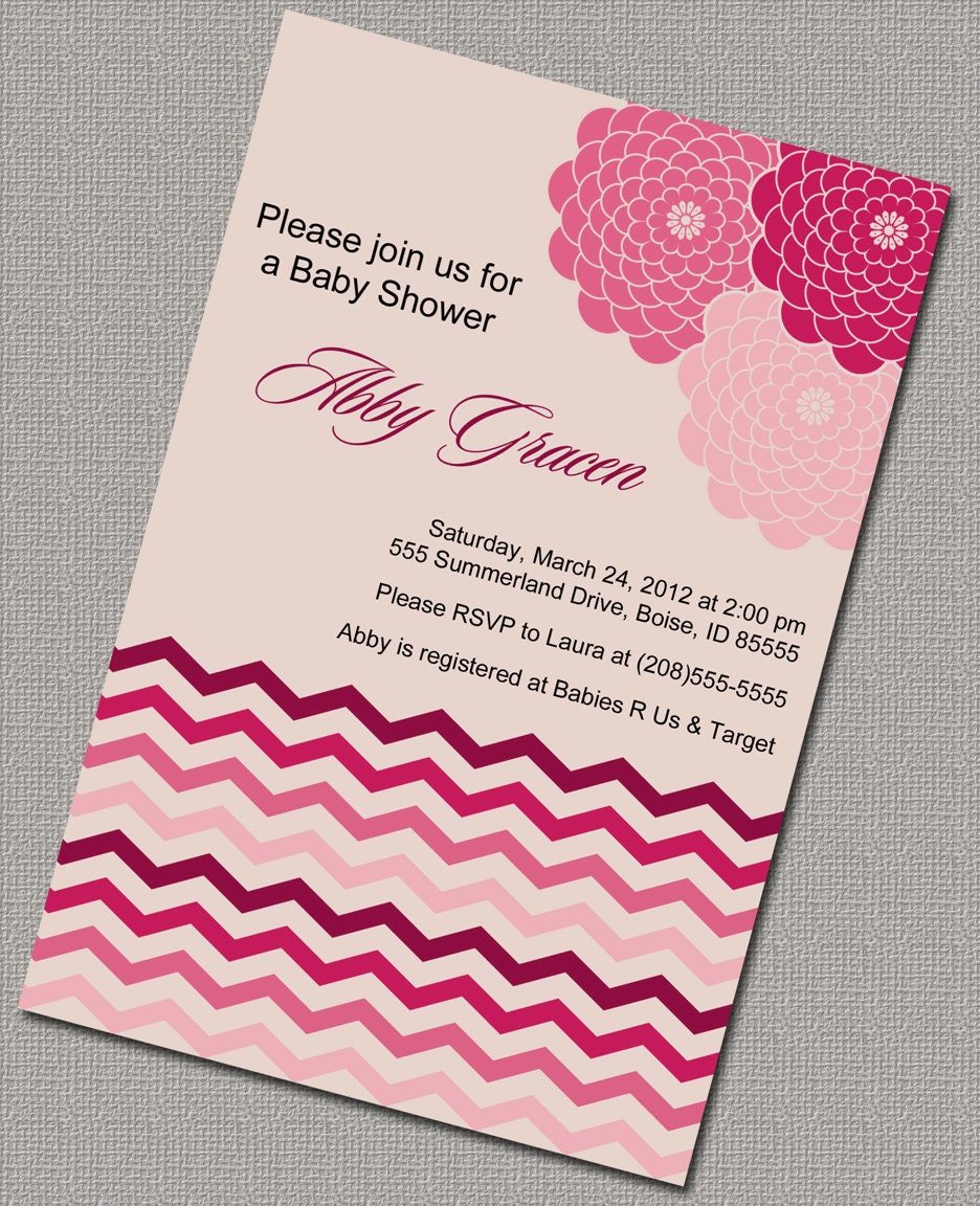 Girl Baby Shower Invitations, girl baby sprinkle invite, Peach and Pinks, Chevron with Flowers, Printable File - Design 772