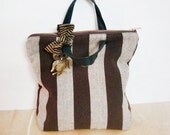 Brown Striped Canvas Tote Laptop Bag Leather Handles