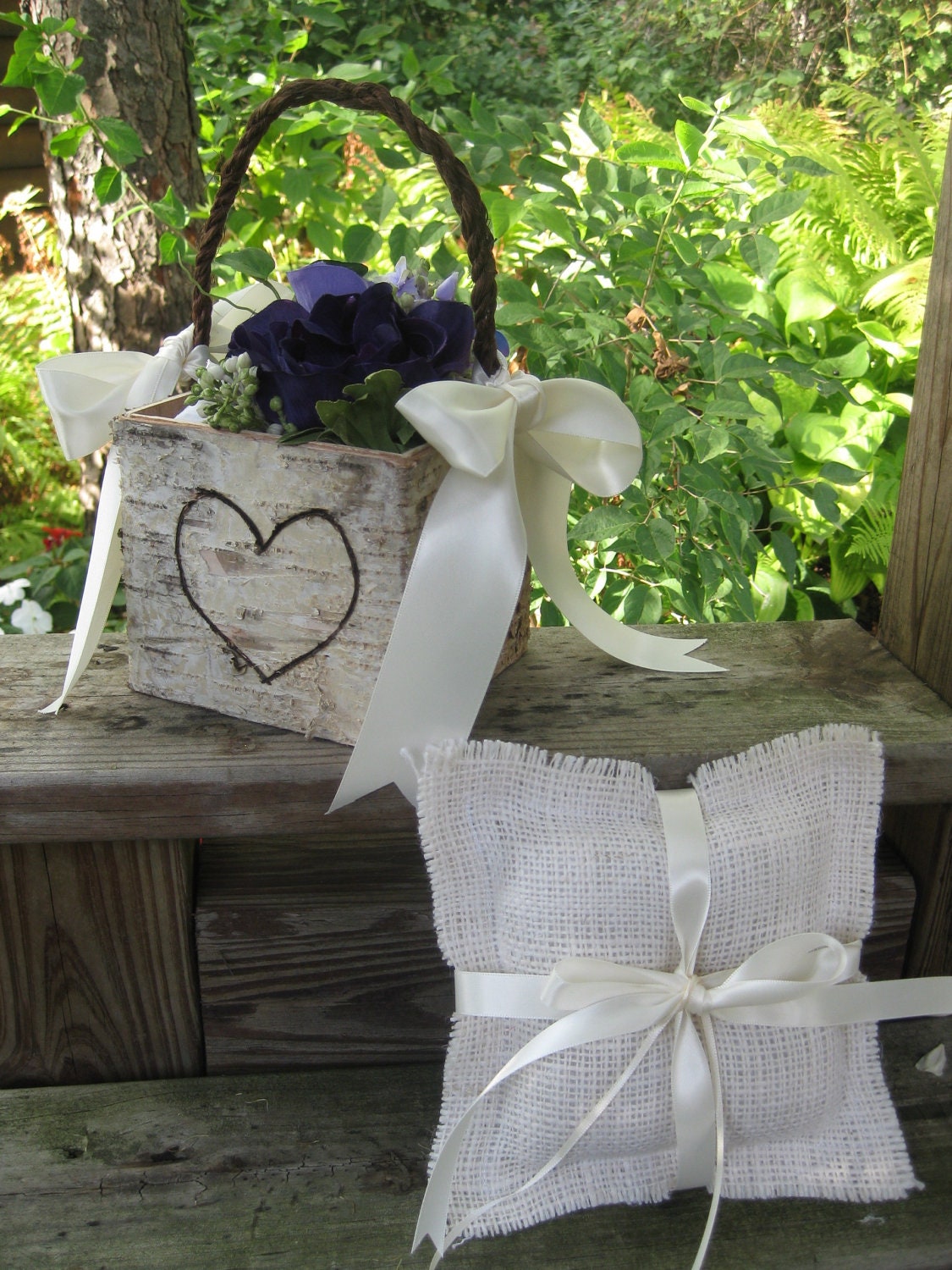 Rustic Personalized Birch Flower Girl Basket and Ivory Burlap Ring  Bearer Pillow - Wedding -Woodland  Beach