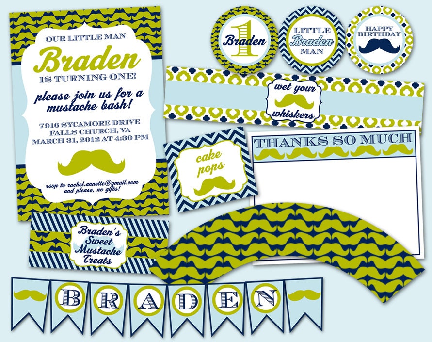 Mustache Bash Little Man Party Pack JPEG (Invitation, Cupcake Topper and Wrapper, Bottle and Food Label, Thank You, Treat Bags, Banner)