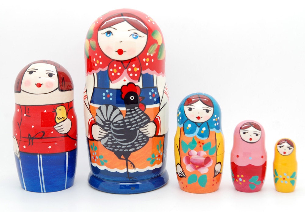 5 Authentic Russian  Nesting dolls with hen Matryoshka, free shipping