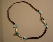 Vintage Native American Silver Plate Heishi Bird Fetish & Turquoise Bead Necklace 3799