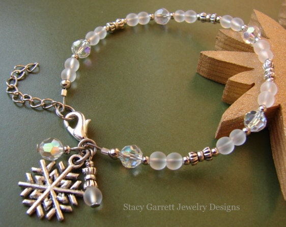 White Christmas // Frosted White Glass / Clear Crystal Snowflake Charm Bracelet Adjustable
