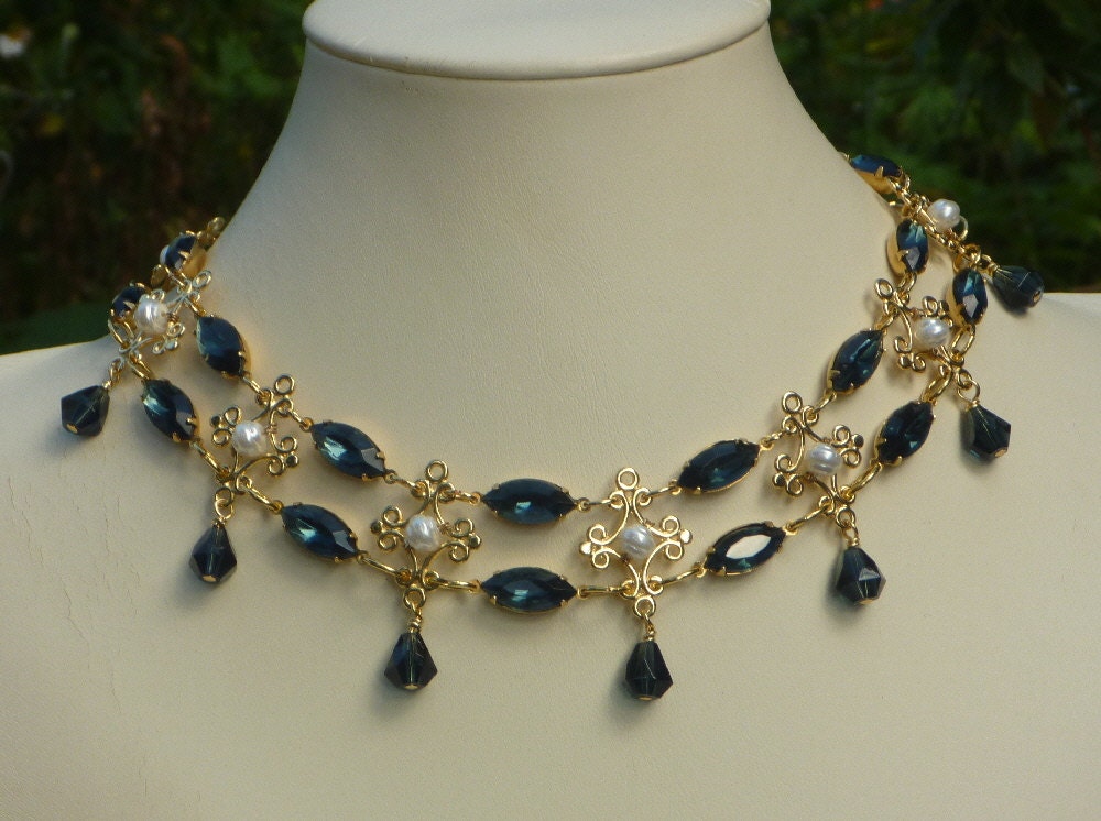 Renaissance Style Choker with Montana Blue Rhinestones and Glass Pearl Accents