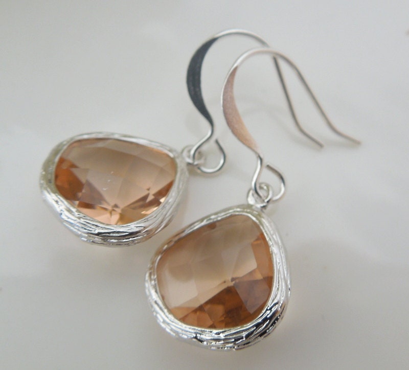 Bridal Earrings,Bridal Rhinestone Earrings, Peach Teardrop Faceted Czech Glass, Dangle Earrings, Teardrop Bridal Earrings,Peach Earrings,AMY