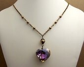 Purple Heart Necklace Glass Pendant Bronze Beads and Chain