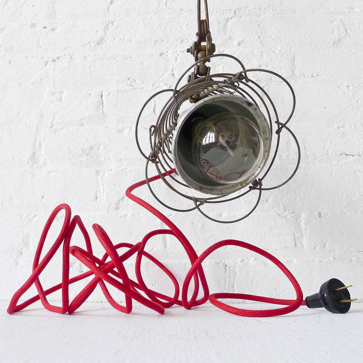 15% SALE - Industrial Lighting - Spiral Cage Clip Clamp Light w Red Color Cord