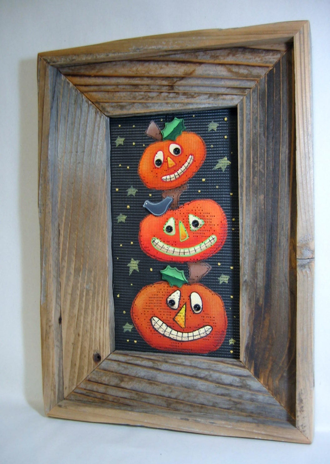 Stacked Pumpkins, Primitive, Rustic, Framed in Barn Wood, Tole Painted