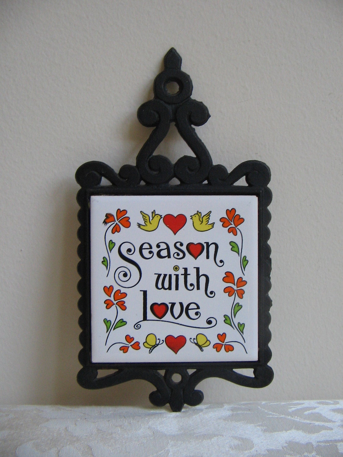 Vintage Cast Iron Trivet "Season With Love" Metal Ceramic Tile Taiwan, Red Hearts Birds Flowers, Housewarming Gift