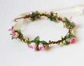 little romantics rose hair wreath // pink nature - vintage, woodland, wedding, dainty rose headpiece, headband, hair crown,