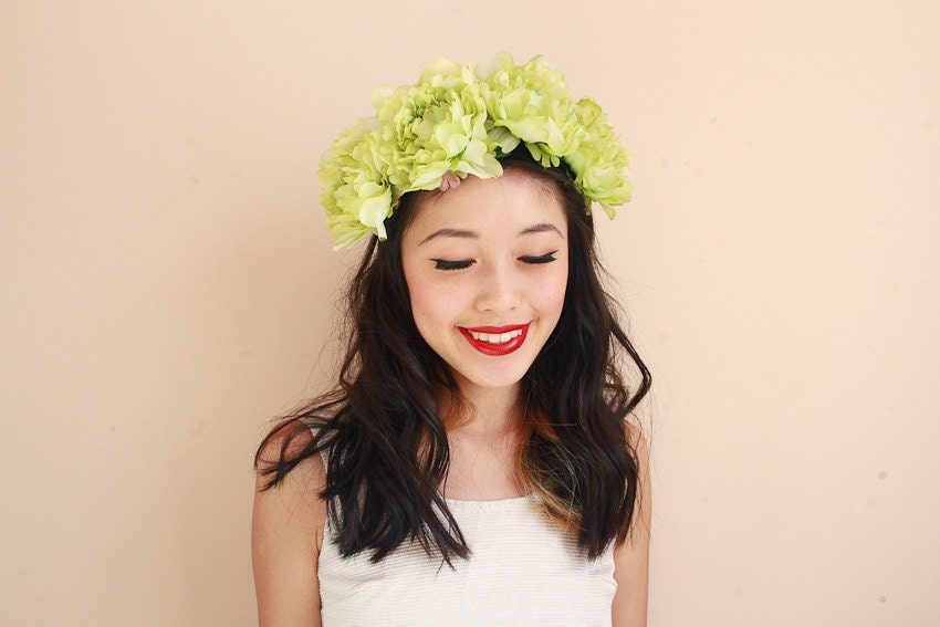 green peony flower crown -floral statement headpiece, festival crown, oversize bridal headband, woodland, forest, garden wedding