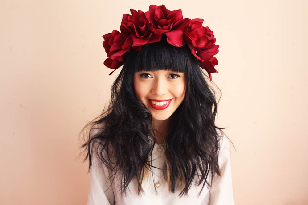oversize deep red flower head crown - romantic rose floral headpiece, hair wreath, headband, statement, festival, valentines day, love.