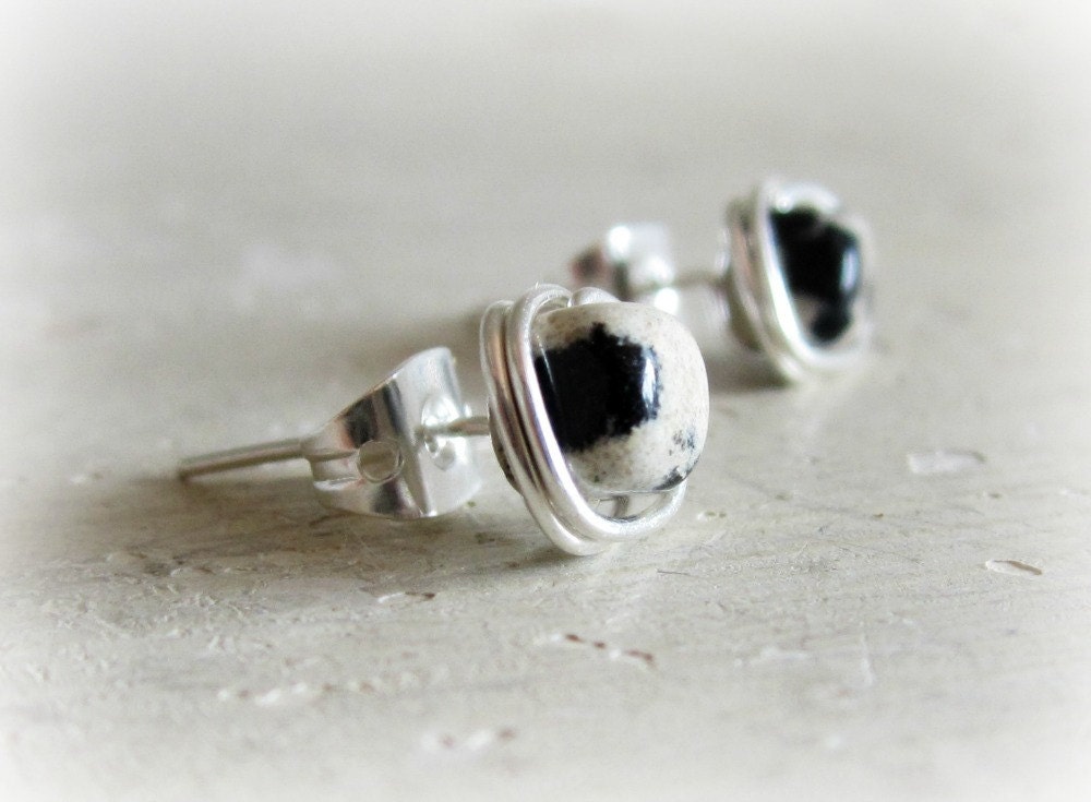 Dalmatian Jasper Stud Earrings // Black and White Spotted Posts