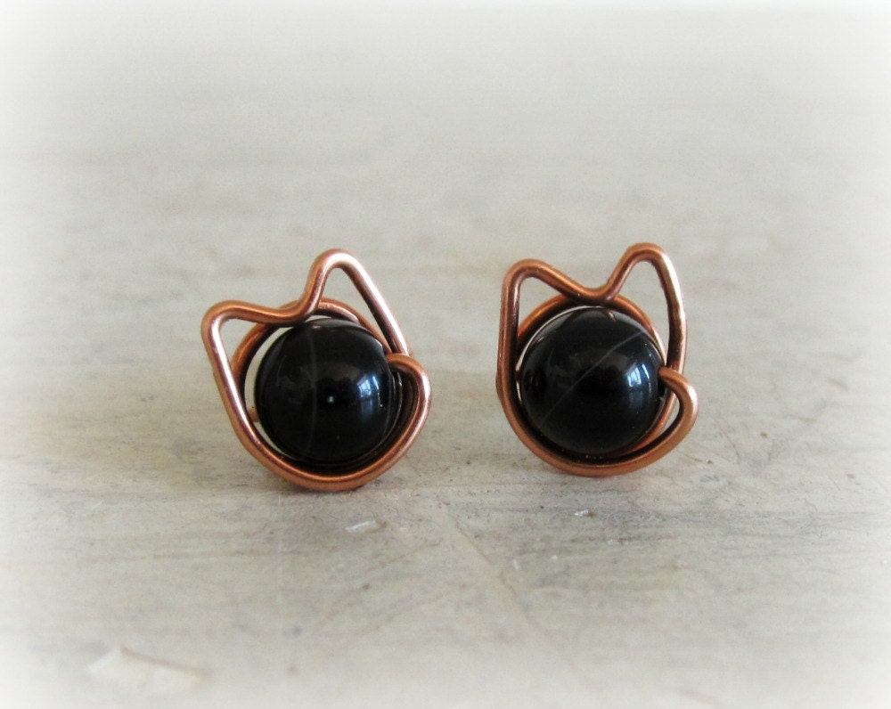 Black Cat Stud Earrings // Copper Wire Wrapped Posts