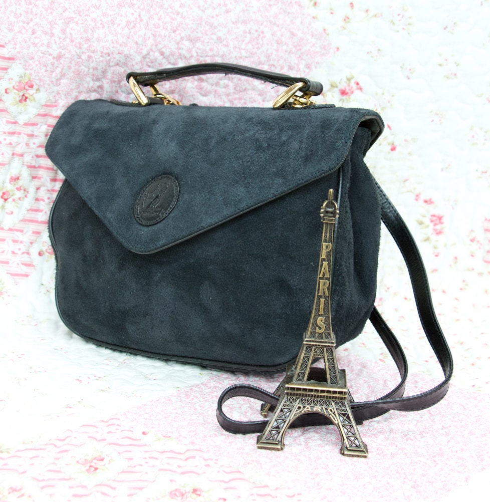 La Belle Noir, French Vintage, Black Leather Suede Satchel, Messenger Crossbody Handbag from Paris