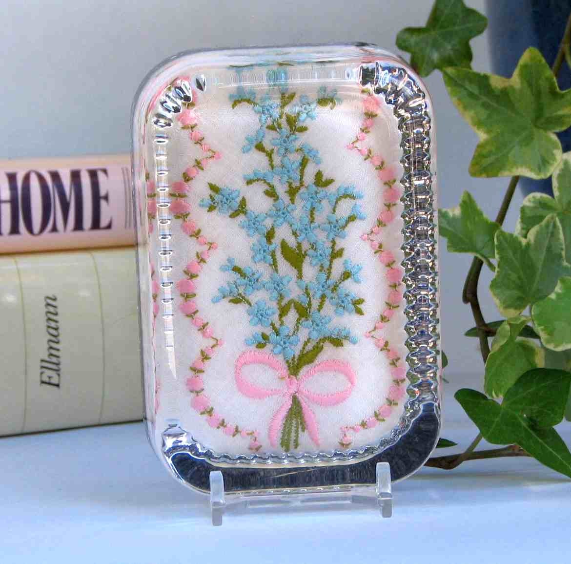Vintage, embroidered flowers paperweight, Mother's Day, desk decor, gift for her, dressing table, blue and pink