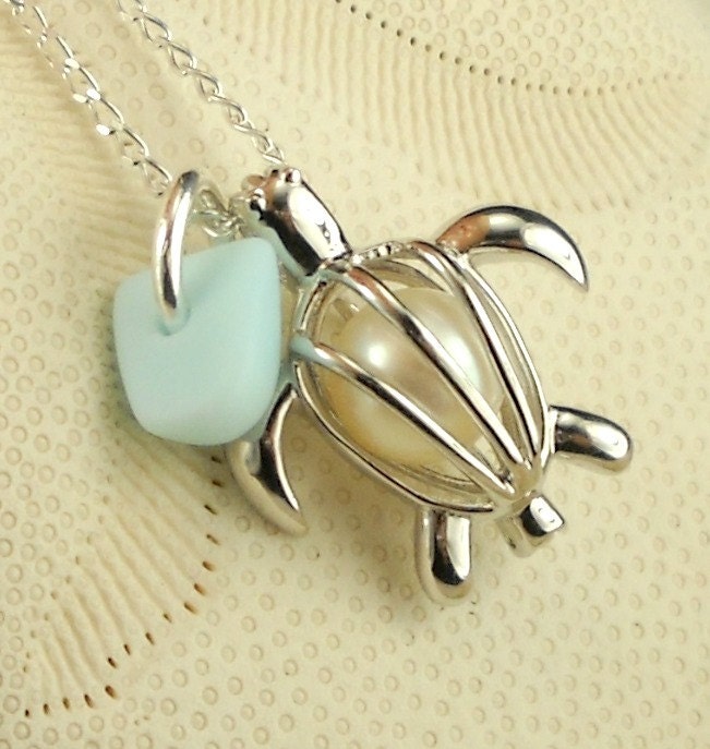 STERLING SILVER Turtle Necklace With Genuine Pearl And Milk Glass Sea Glass