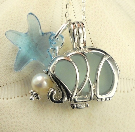 Sea Glass Necklace - Elephant Locket Aqua Sea Glass Starfish And Pearl
